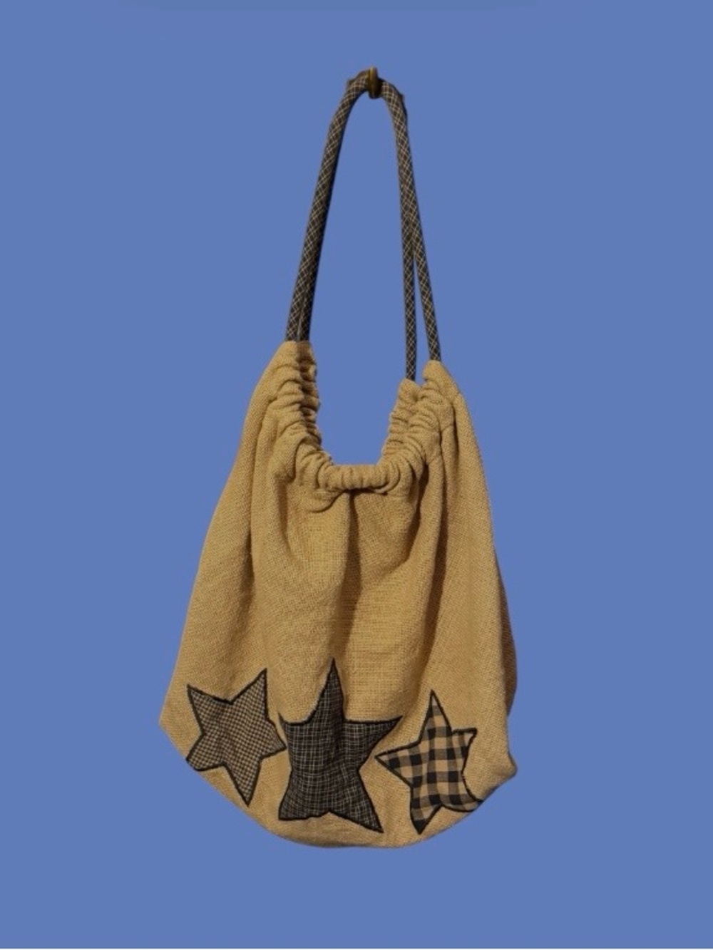 Primitive~Country~Burlap~Hobo Bag~Patchwork Star~Shoulder Tote~Beige~Drawstring